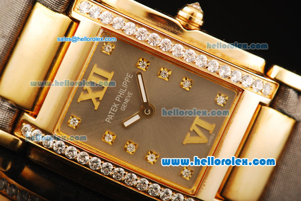 Patek Philippe Ref.4910 Swiss ETA Quartz Movement Gold Case with Diamond Bezel/Markers and Grey Strap -Lady Model - Click Image to Close